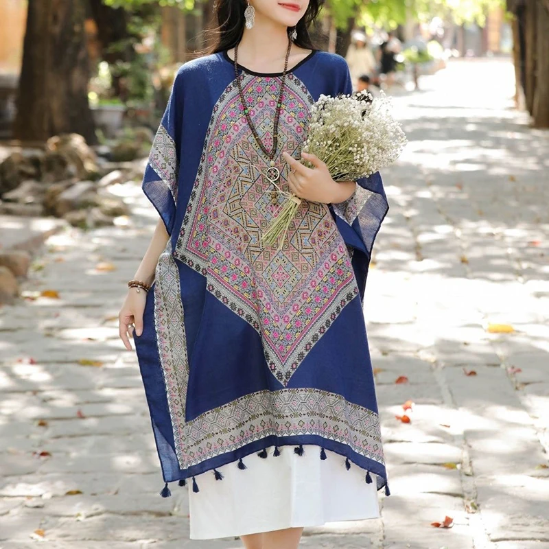 بلوزة كلاسيكية مطبوعة مقسمة تناسب الجميع ملابس نسائية لصيف 2025 بلوفرات غير رسمية جديدة بأكمام تشبه جناح الخفّاش قميص كوري