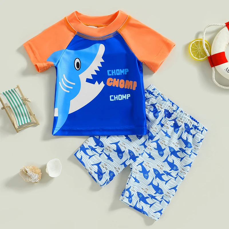 

Tregren Kids Boys Two Piece Swimsuit Short Sleeve Shark Print Rash Guard Shorts Bikinis Set Cartoon Swimwear Summer Bathing Suit