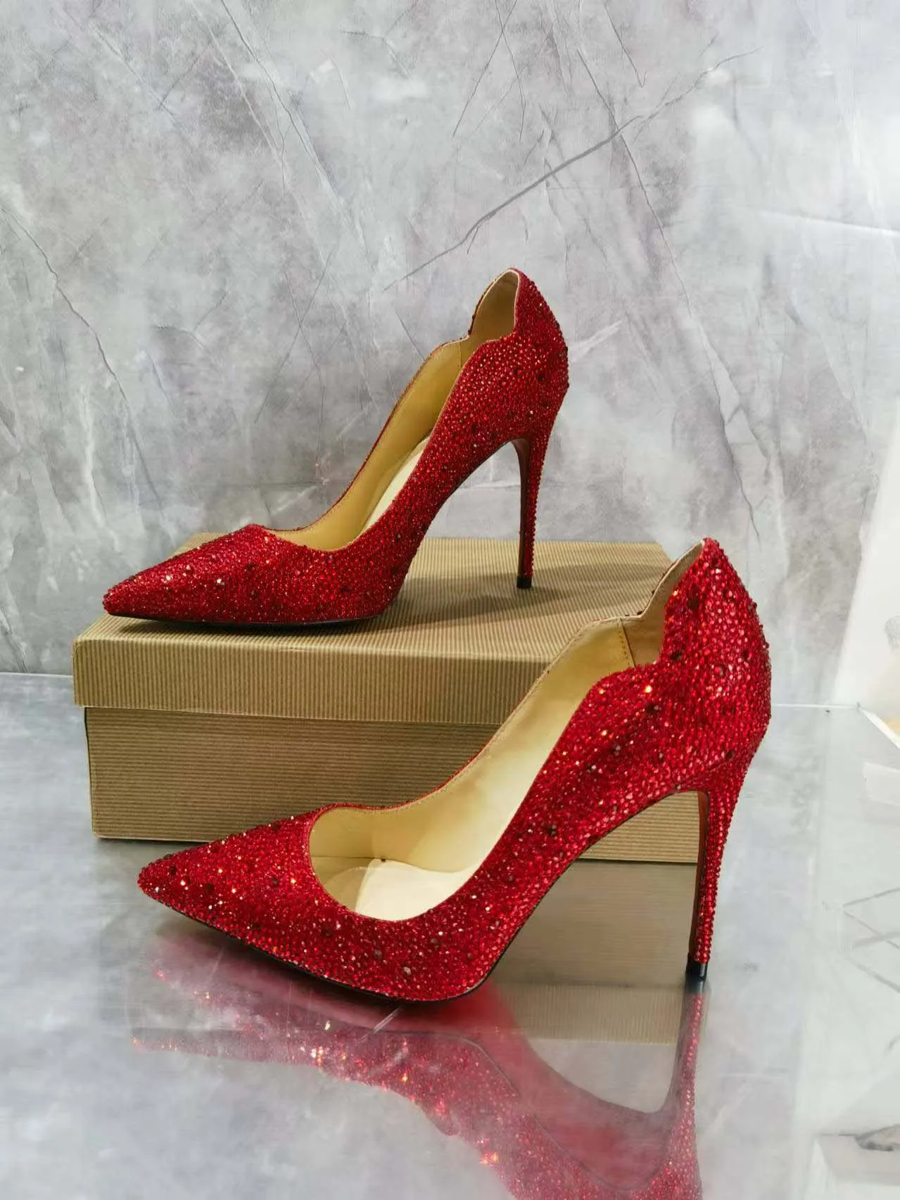 Zapatos de tacón superalto con lentejuelas y Punta puntiaguda para mujer, tacones de aguja ostentosos sin cordones, zapatos de vestir de fiesta, zapatos de boda de diseñador, Rojo cálido