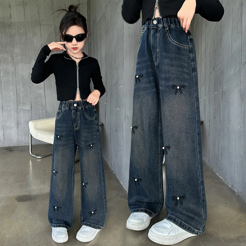 

Весенние детские синие весенние джинсы с бантом и жемчугом для девочек, модные джинсовые брюки прямого кроя, детские брюки, детские широкие брюки