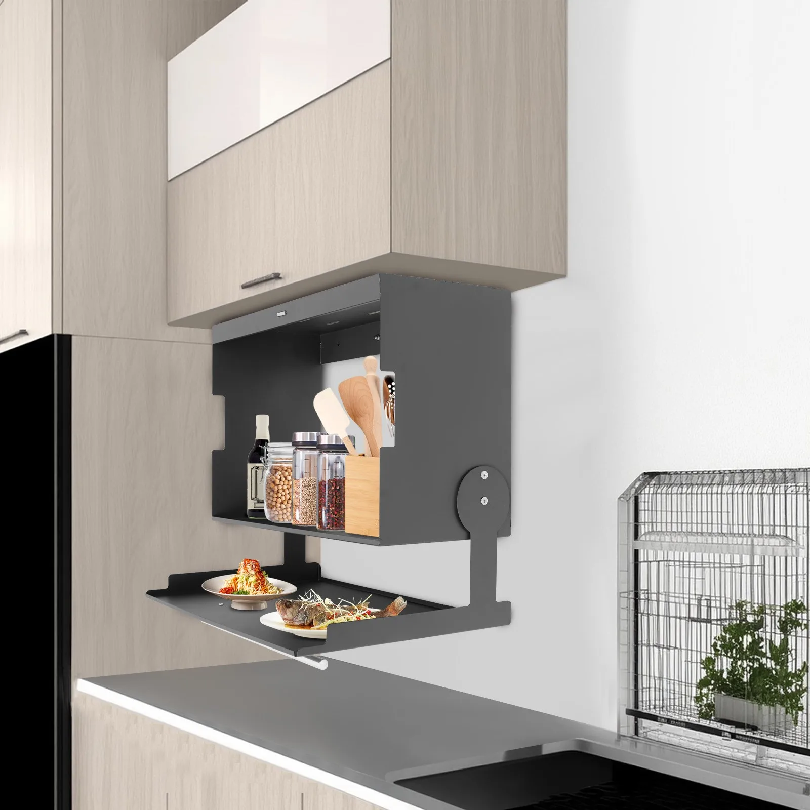 

Wall Mounted Kitchen Spice Organizer with Pull-down Cover, Carbon Steel Under Cabinet Storage Rack with Magnetic Lid