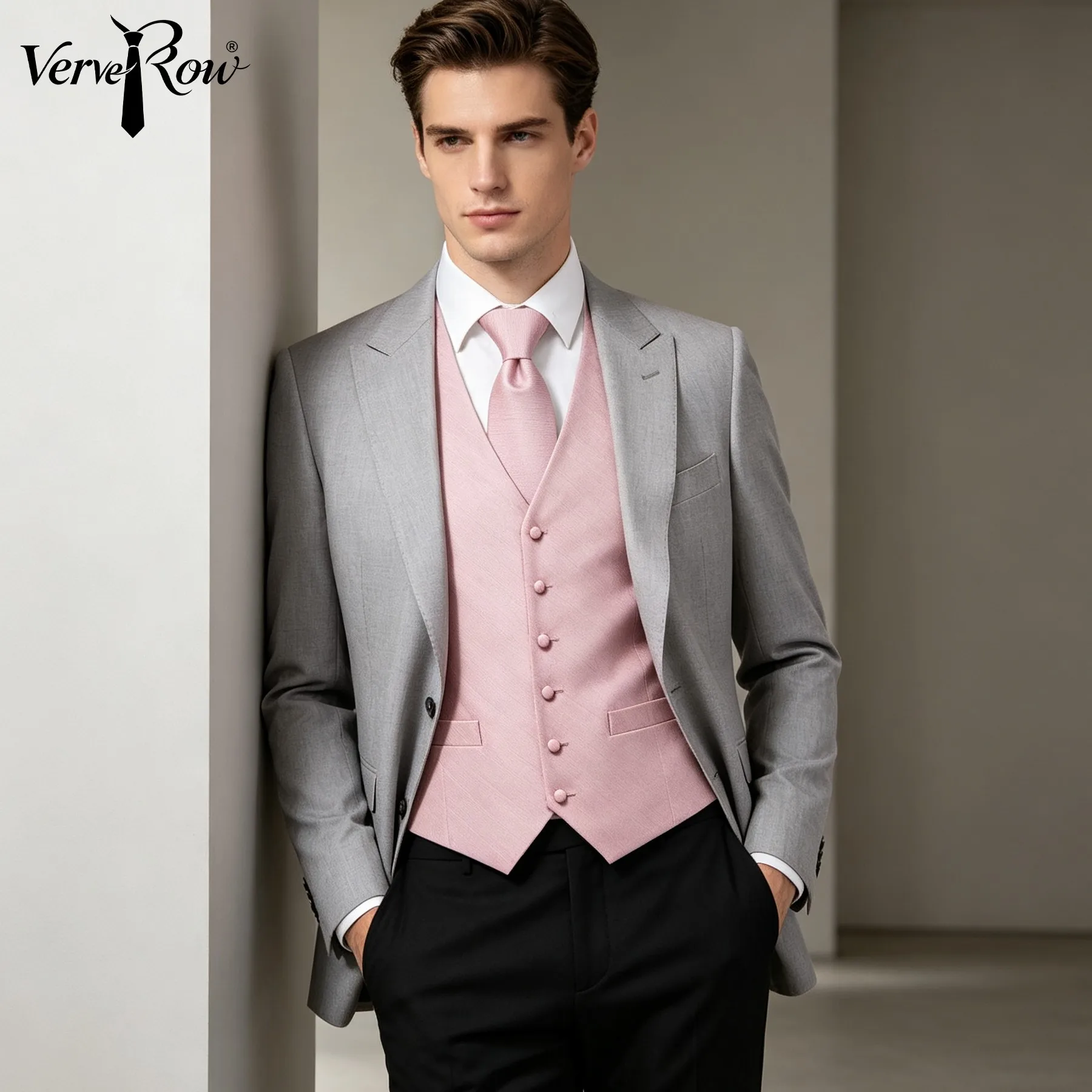 VerveRow Shiny Solid Color Men Suit Vest Matching Tie Set,Champagne Pink Formal Party Prom Groom Waistcoat