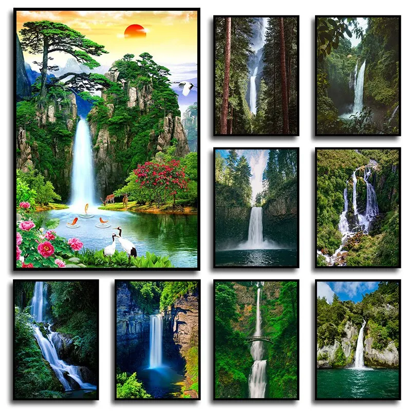 Stunning Waterfall Landscape Canvas Painting  Green Nature Scenery Wall Art for Living Room  Modern Home Decor Posters  Prints