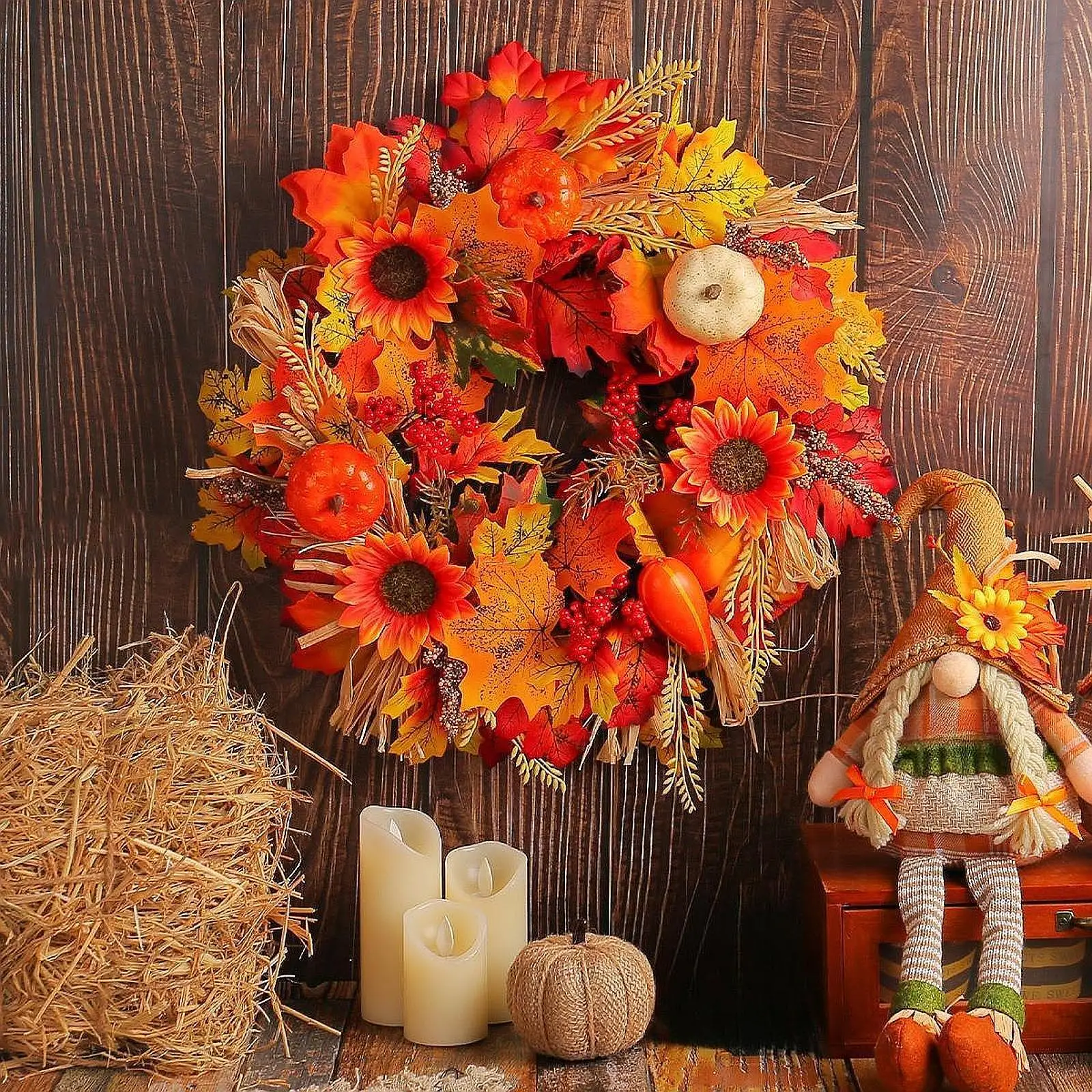 إكليل الخريف مقاس 16 بوصة للباب الأمامي، إكليل واقعي مصنوع يدويًا ومتعدد الاستخدامات
