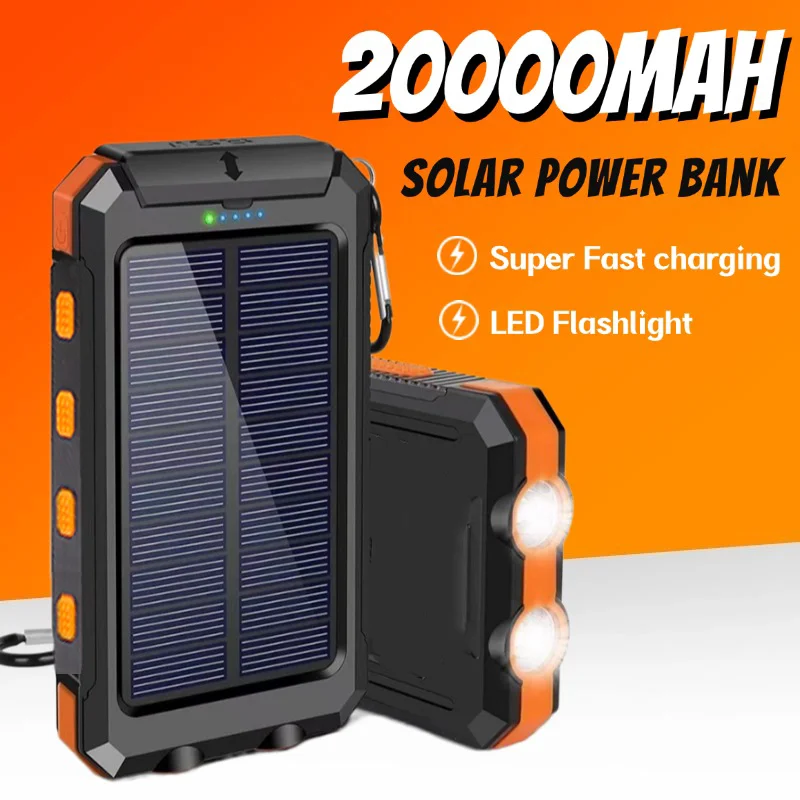 Yeni Güneş Enerjisi Bankası 20000 mAh Su Geçirmez Harici Pil LED Işık ile Şarj Hızlı Şarj Açık Kamp Mobil Güç