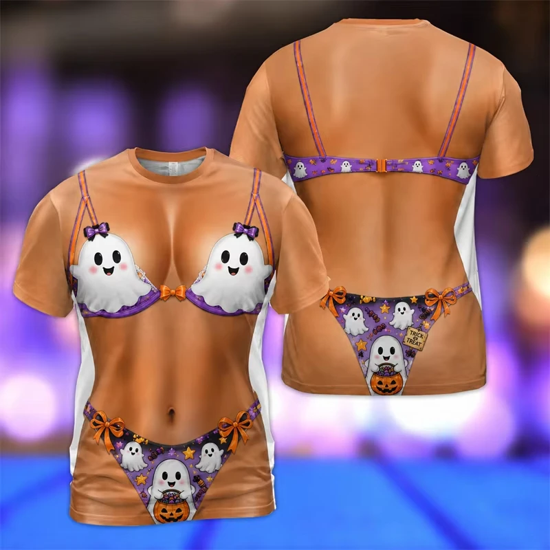 Unisex Halloween 3D Fake Bikini Body Print T‑Shirt, Funny Illusion Tee Candy Ghost Skull Black Cat Spider Tops for Men Women - view 3