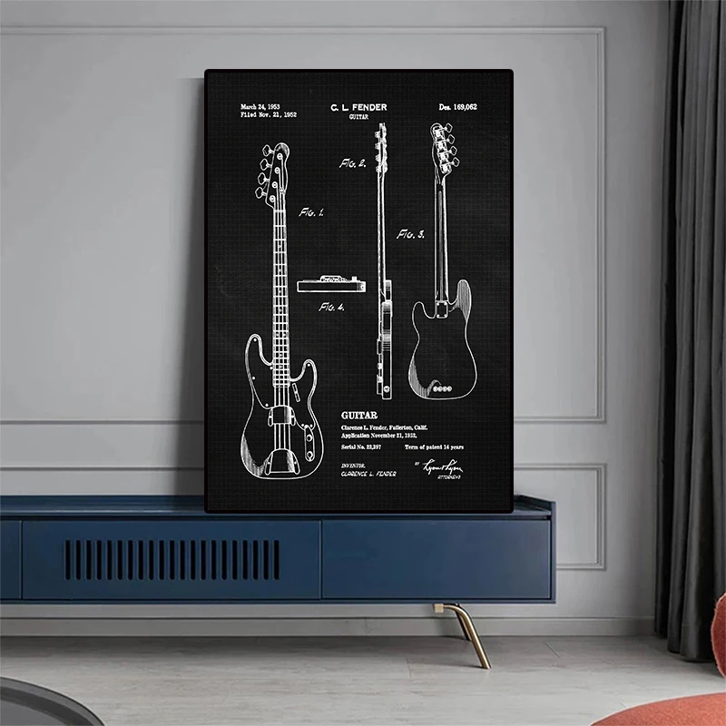 Vintage Electric Bass Guitars Patent Prints Wall Room Canvas Poster Aesthetics Art Decor Student Teacher Music Leo Fender Fan