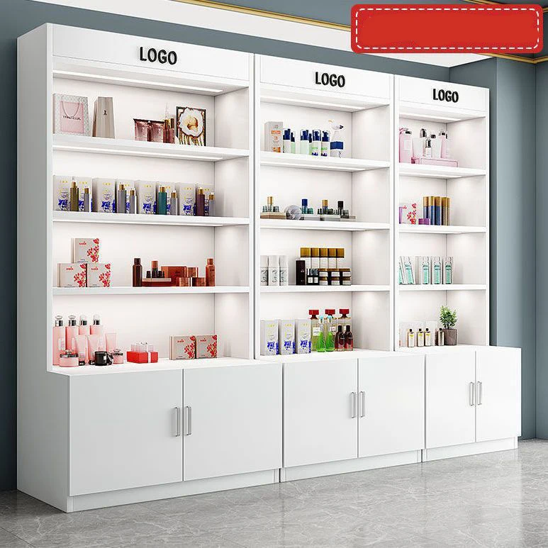 Light Emitting Diode Light Wooden Wall Furniture Large Oak Commercial Display Cabinet Wooden White Multilayer Cosmetic Stand