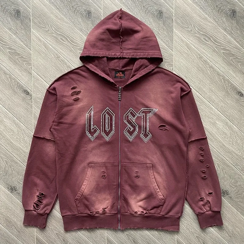 

Lost Intricacy Hoodies Diamond-Studded Distressed Ripped Casual Zipper Hooded Sweatshirt & Pants Set