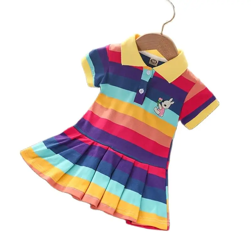 Sommermode für Mädchen, süßes Kleid mit kurzen Ärmeln, Cartoon-Kaninchen-Stickerei, Regenbogenstreifen, Prinzessinnenkleid für Babymädchen – Detail 9