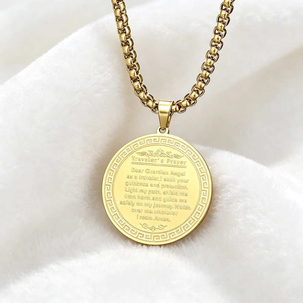 CoolTime Guardian Angel Medal Necklace Stainless Steel Double Sided Pendant Christianity Religious Prayer Amulet Jewelry Unisex