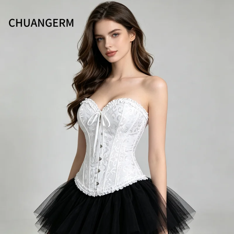 CHAUNGERM Women Corset Top Jacquard Overbust Bustier Victorian Sexy Lace up Floral Lingerie Korset Vintage Gothic Basques Costum