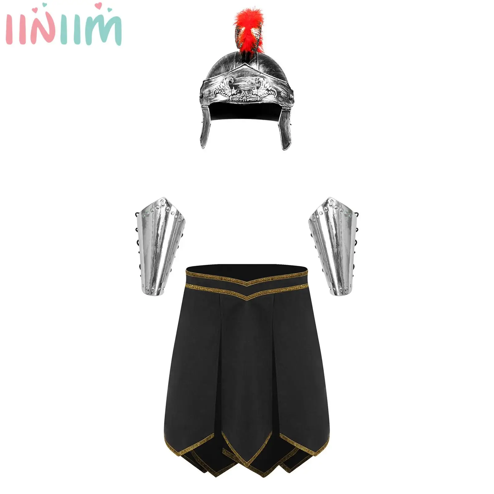 Mens Romans Gladiator Spartan Warrior Costume Gold Trim Armor Skirt And Crested Helmet And Arm Guards for Halloween Cosplay