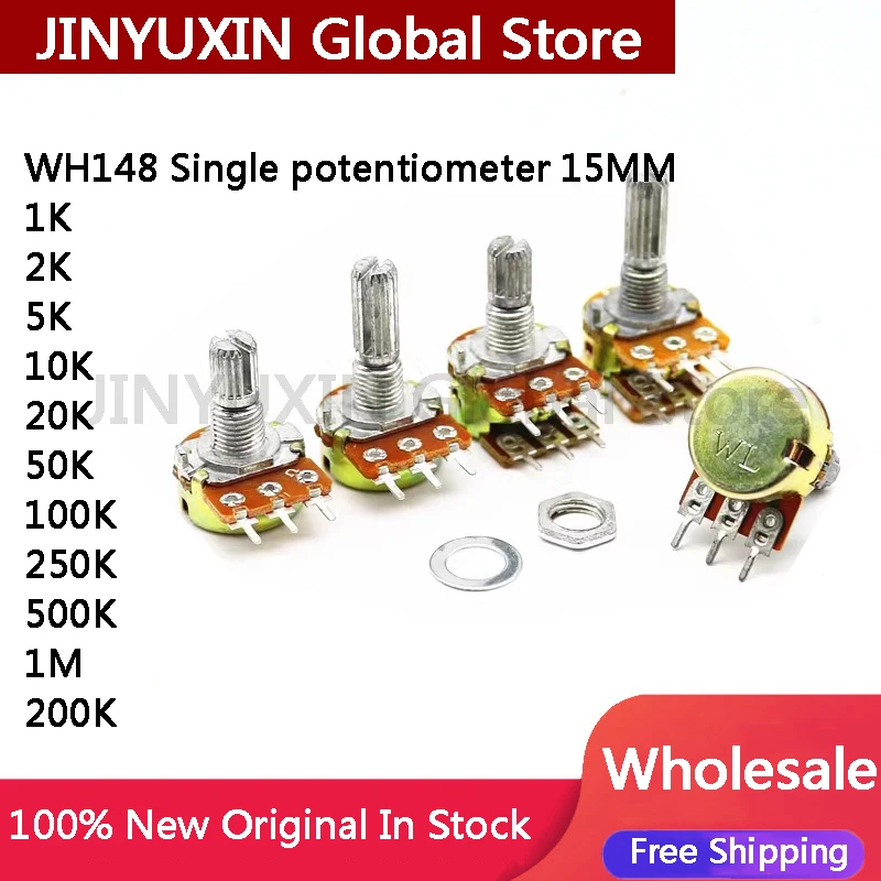 5PCS WH148 Single potentiometer 15MM 1K 2K 5K 10K 20K 50K 100K 250K 500K 1M 200K