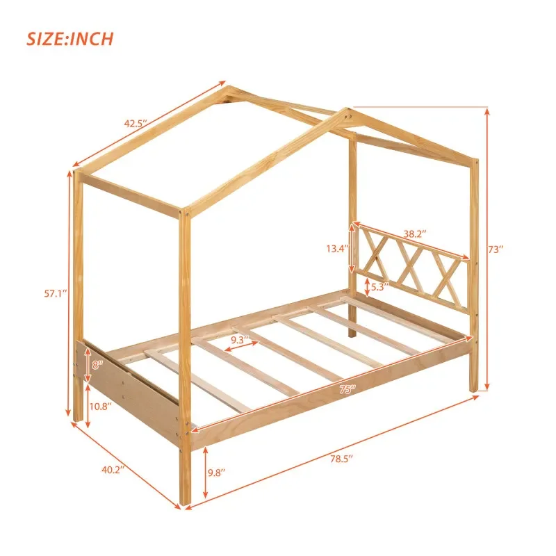 Natural Wood House cama com armazenamento, Twin Size