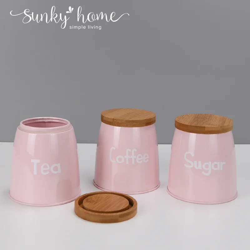 Pink Color Kitchen Storage Bins Sets for Tea Coffee Sugar Coffee Bean Powder Candy Jars Cereal Dispenser with Lid Metal Bottle