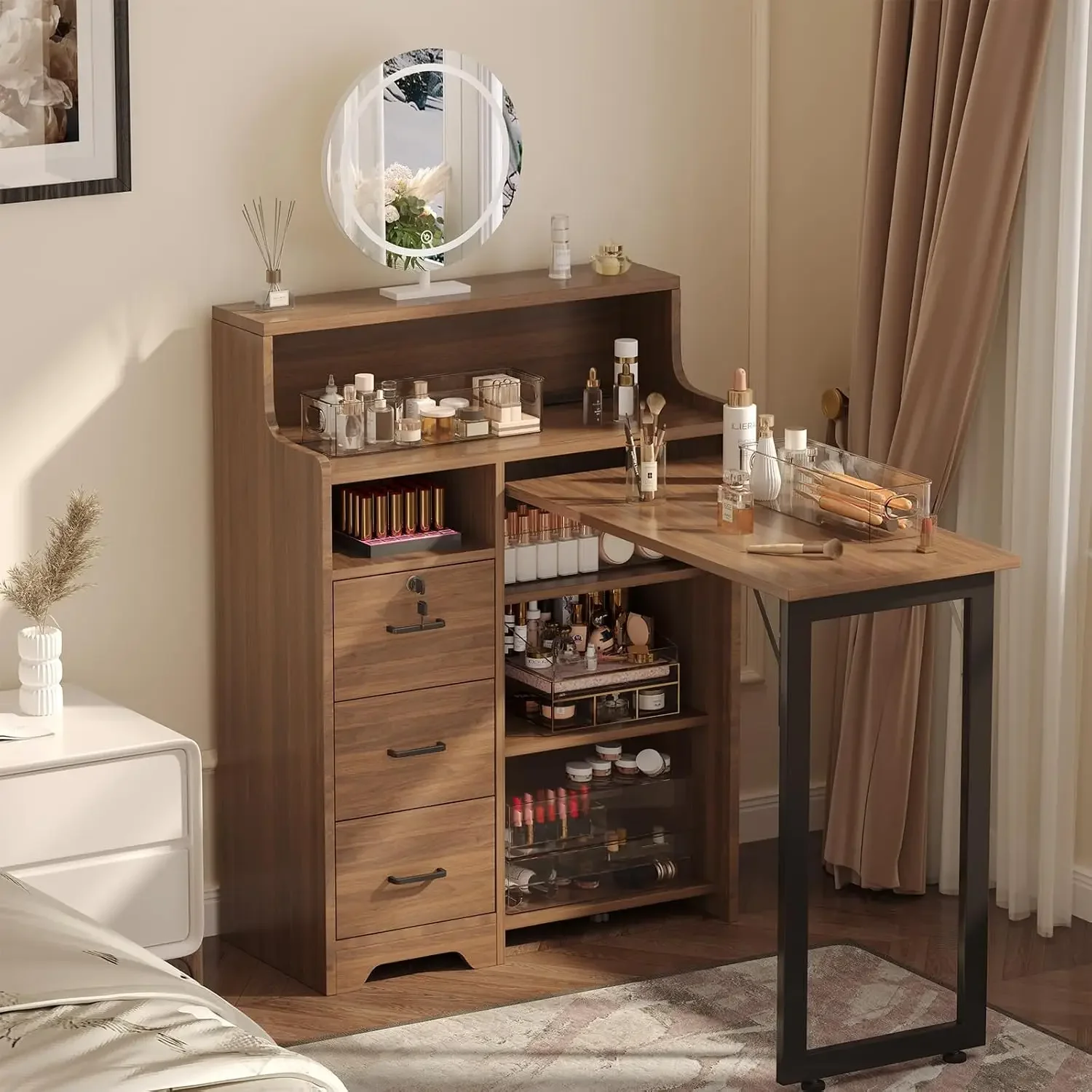 Foldable Nail Desk for Nail Tech, Portable Manicure Table, L Shape Nail Table with Power Outlets & Lockable Drawer & Shelves, Pr