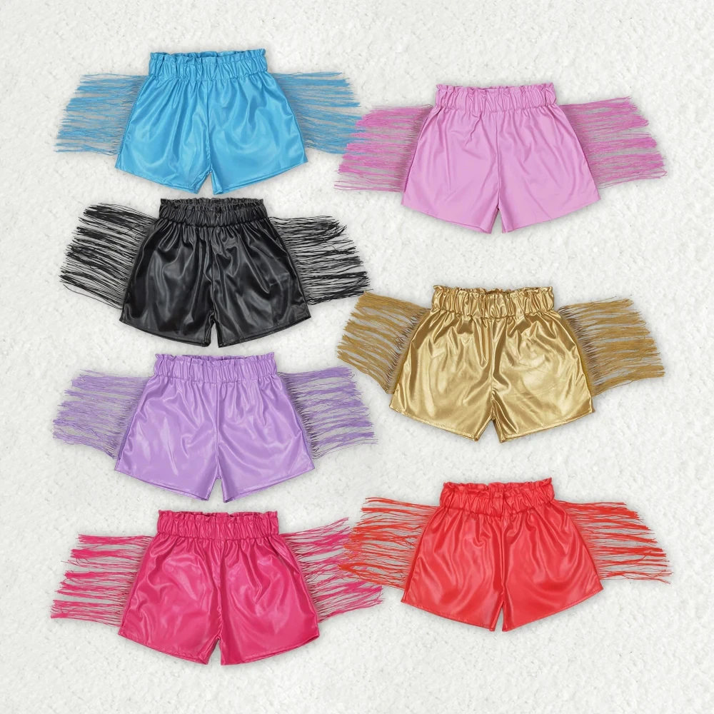 

Wholesale summer shorts hot sale western boutique clothing for baby girls clothes Purple glossy leather tassel shorts