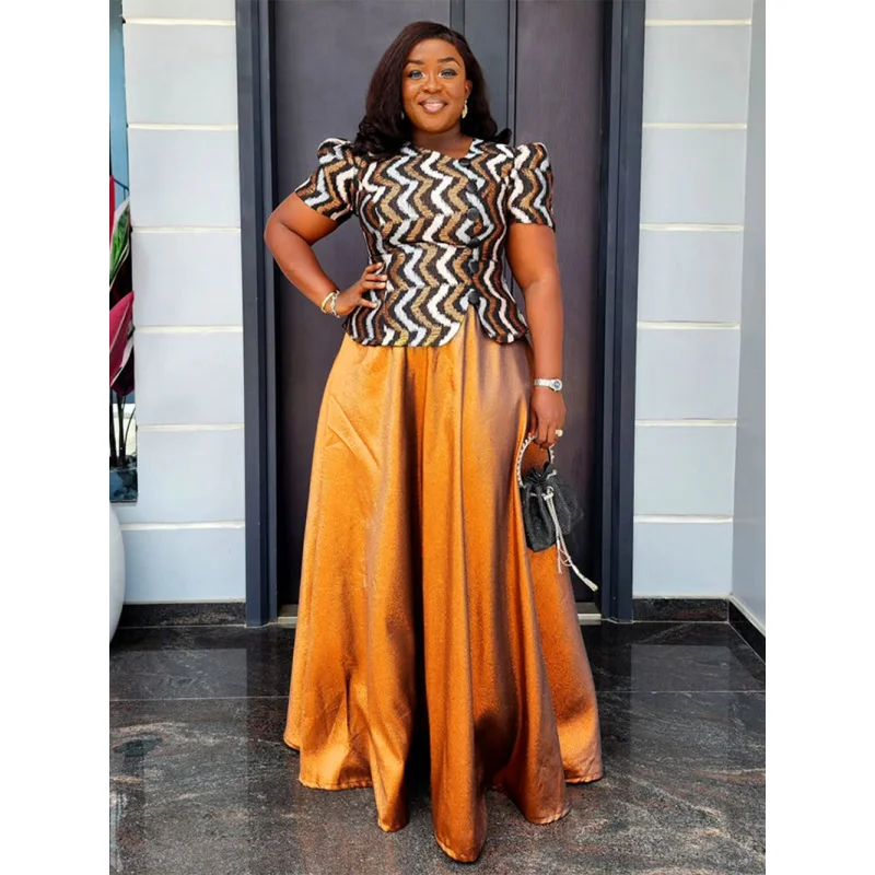 

Skirt+TShirt Dress African Women's Crystal Satin Printed Two-piece Suit Skirt bubu dress