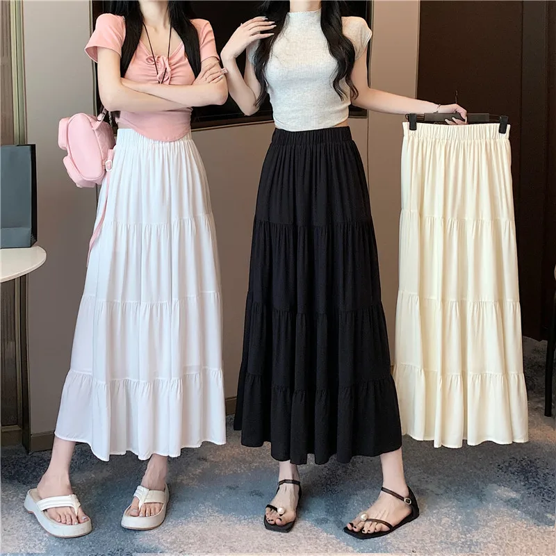 L - 4XL Plus Size Skirt For Women 2025 Summer New Arrival High Elastic Waist A Line Pleated Skirt Women Korean Fashion Skirt