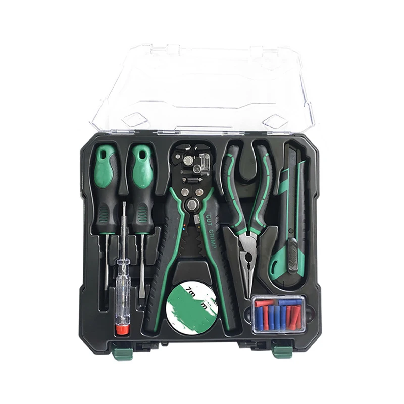Carbon Steel 8-Piece Tool Set with Automatic Wire Stripper Screwdrivers and Combination Pliers for Home Workshop Applications