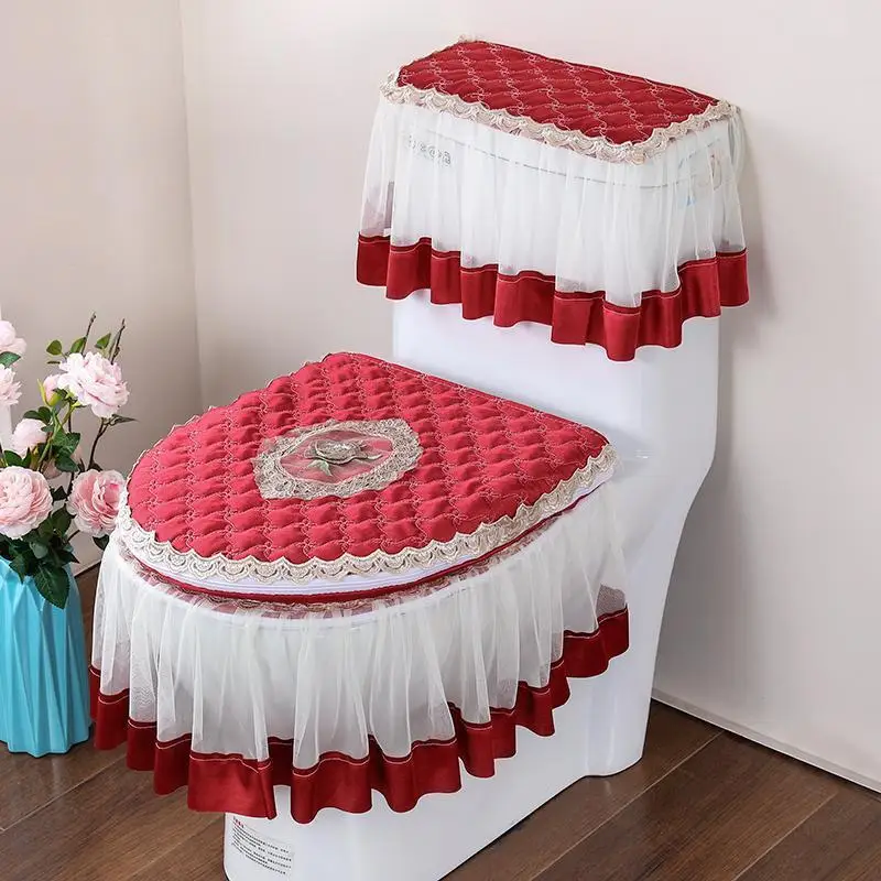 3 Pieces/Set Solid Color Toilet Seat Mat Four Seasons Universal Dust-proof Toilet Cover Home Lace Zippered Toilet Ring Covers