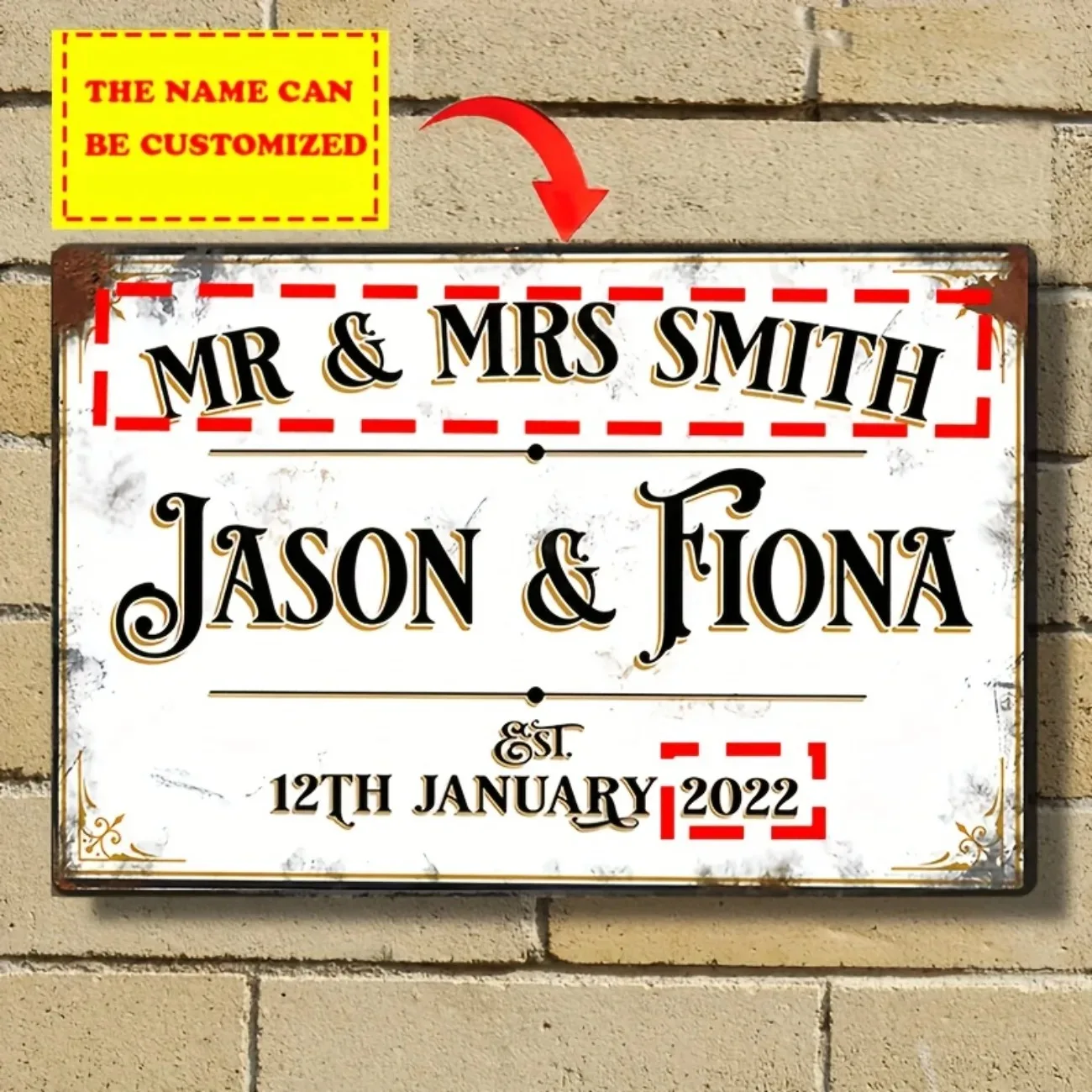 [2D Flat] Custom Mr. and Mrs. Name Aluminum Welcome Plaque High Gloss Waterproof Anti Scratch With Pre Drilled Holes Wall Hangin
