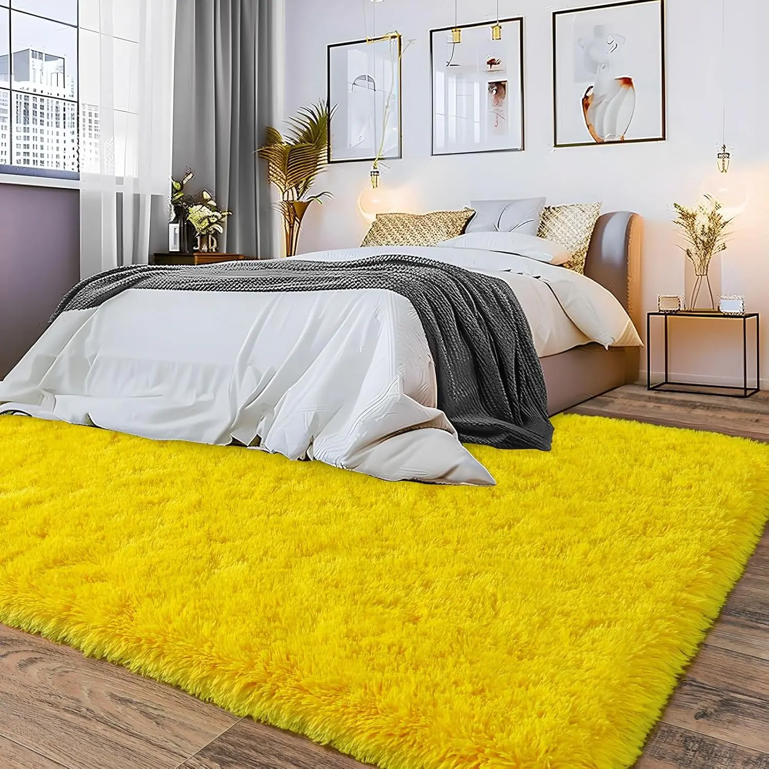 Soft Area Rugs for Living Room Non-Slip Thick Plush Carpets for Winter Anti-Slip Fluffy Artificial Velvet Rug Soft Yellow Carpet - view 5
