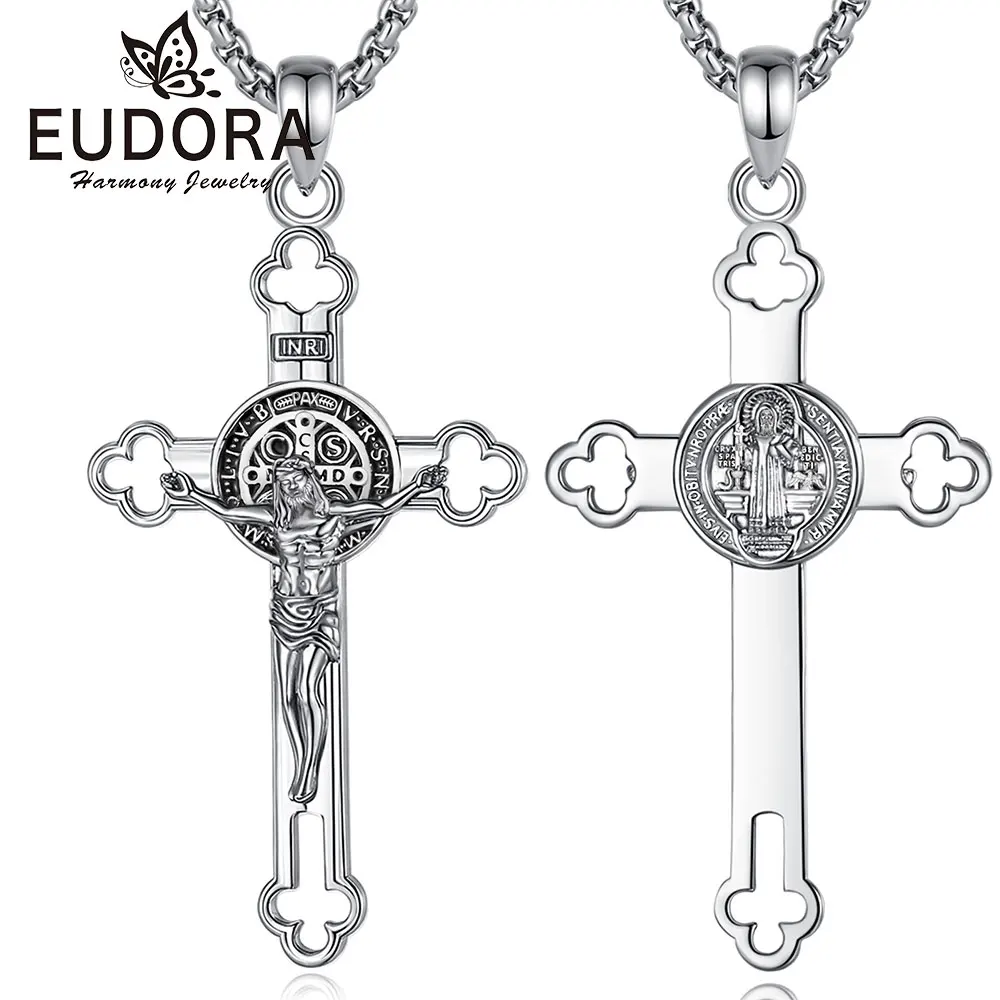 Eudora Copper Crucifix Cross Jesus Necklace Saint Benedict Pendant Catholic Amulet Christian Jewelry Fine Gift for Men Women