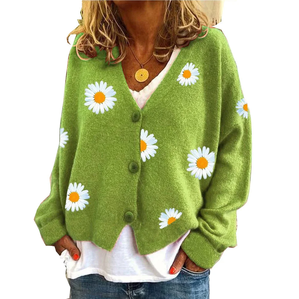 Women\'s Cardigan Long Sleeve Top Single Breasted Sweater Cute Little Daisy Embroidered Graphic Coat Trendy Fall Female\'s Clothes