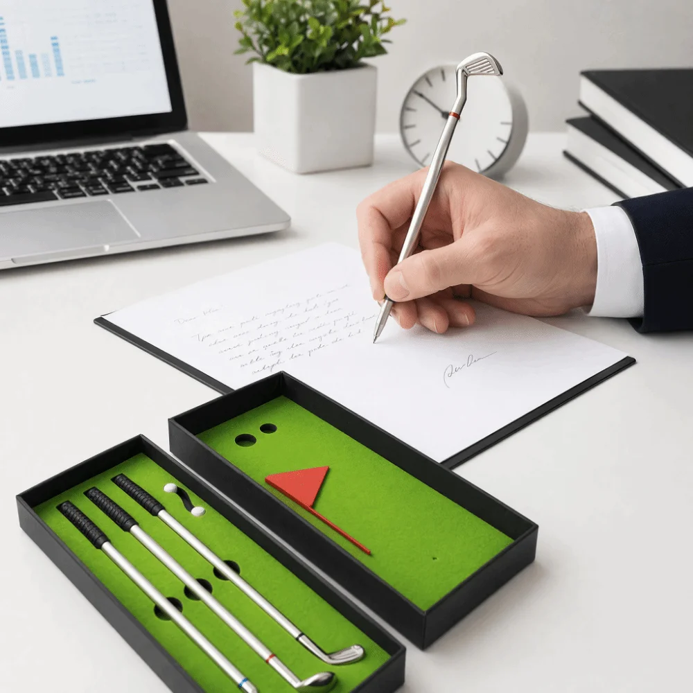 7PCS Smooth Writing Golfers Pen Set Ergonomic Grip Simulated Mini Design Golfers Ball Pen Putting Green Base Desktop Size