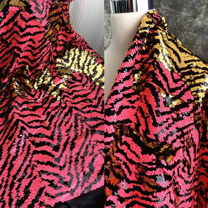 Tiger Pattern Sequin Fabric Fashionable Pink Shiny Dress Luggage Designer Wholesale Cloth Apparel Sewing Meters Material