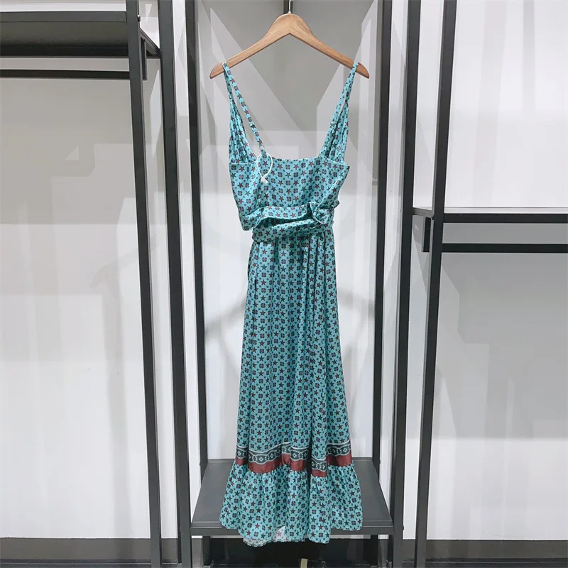 เดรสผ้าซาตินพิมพ์ลายเซ็กซี่ สายเดี่ยว แต่งโบว์และขอบลูกไม้ สไตล์วินเทจ ความยาวปานกลาง สำหรับผู้หญิง ฤดูร้อน 2023