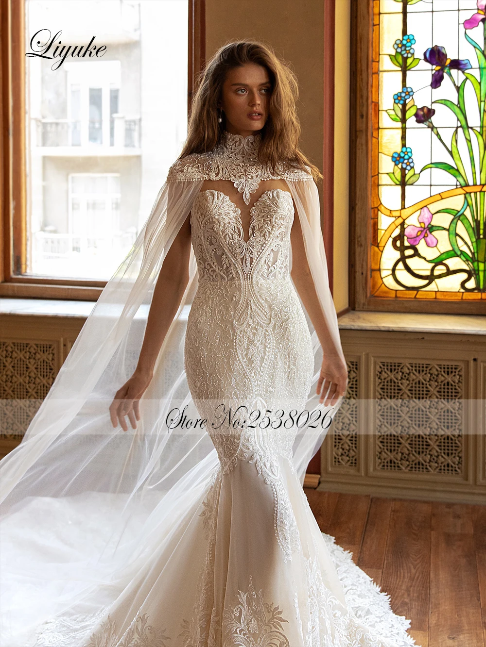 Liyuke-Vestido De novia De sirena con escote Corazón, exquisito Vestido De encaje De novia, Capel extraíble, vestidos De novia De trompeta