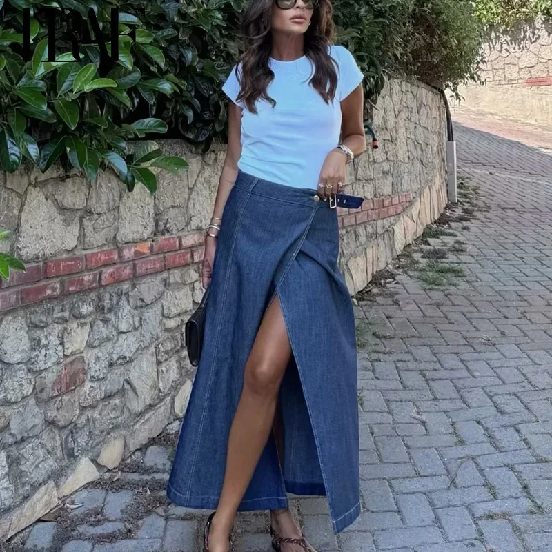 TRAF Pareo Denim Skirt Woman Blue Jeans Long Skirt Women Summer High Waist Slit Skirt Y2k Streetwear Eleganckie spódnice damskie