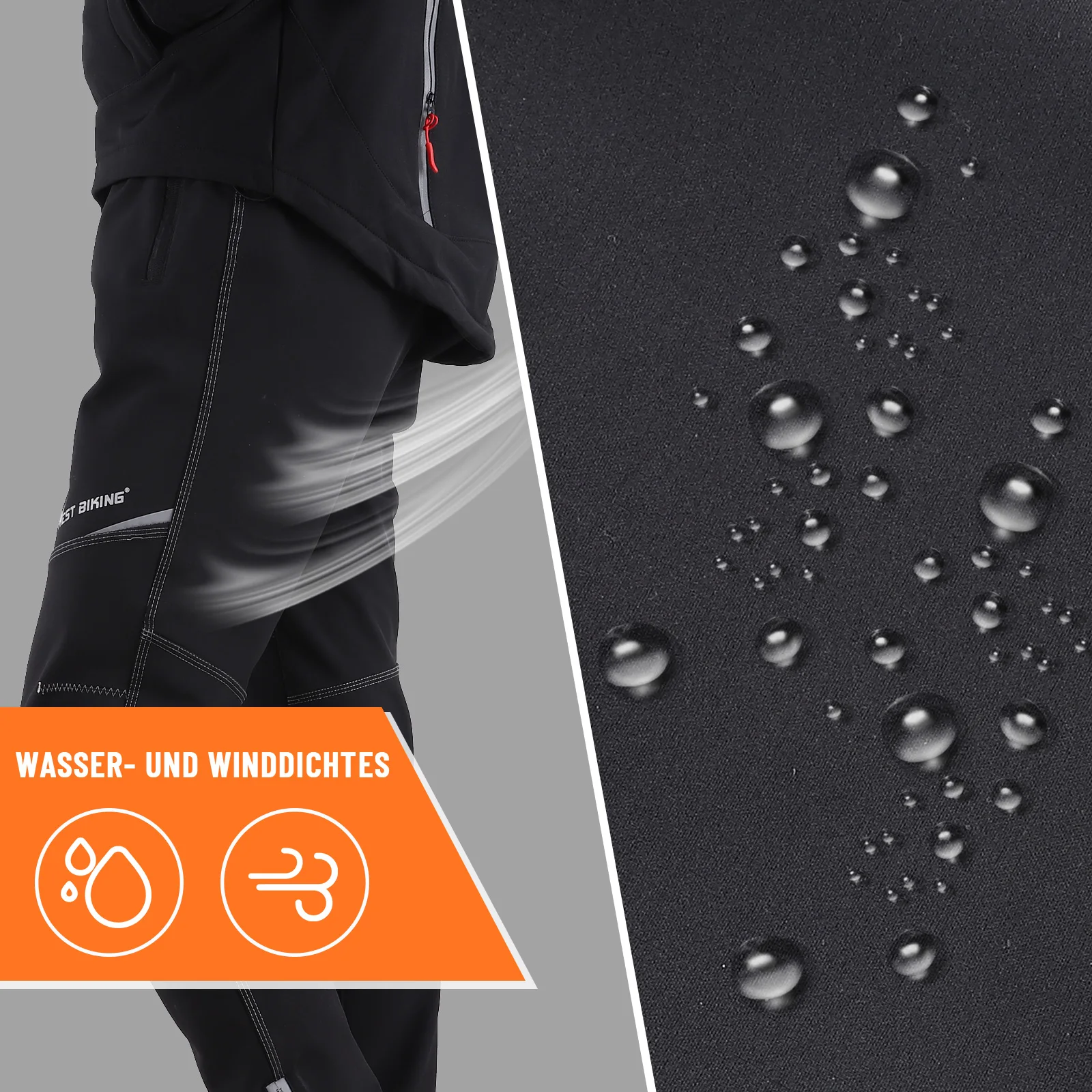 WEST BIKING Winter-Fleece-Radhose, winddicht, wasserdicht, Herren-Thermo-Fahrradhose, MTB-Outdoor-Sporthose, Schwarz, S-4XL – Detail 2