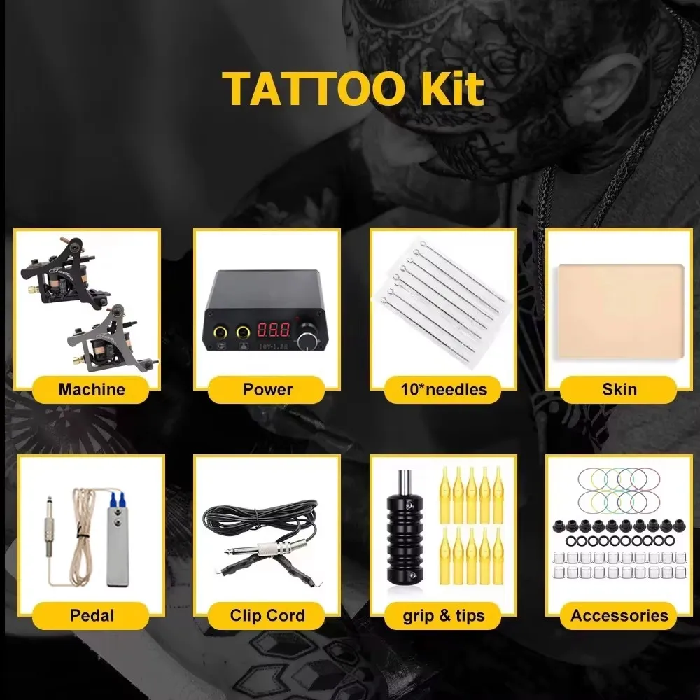 Kit completo de tatuaje, máquinas, juego de tinta para pistola, Mini fuente de alimentación, pistola de tatuaje, juego completo de suministros con agujas largas para maquillaje permanente