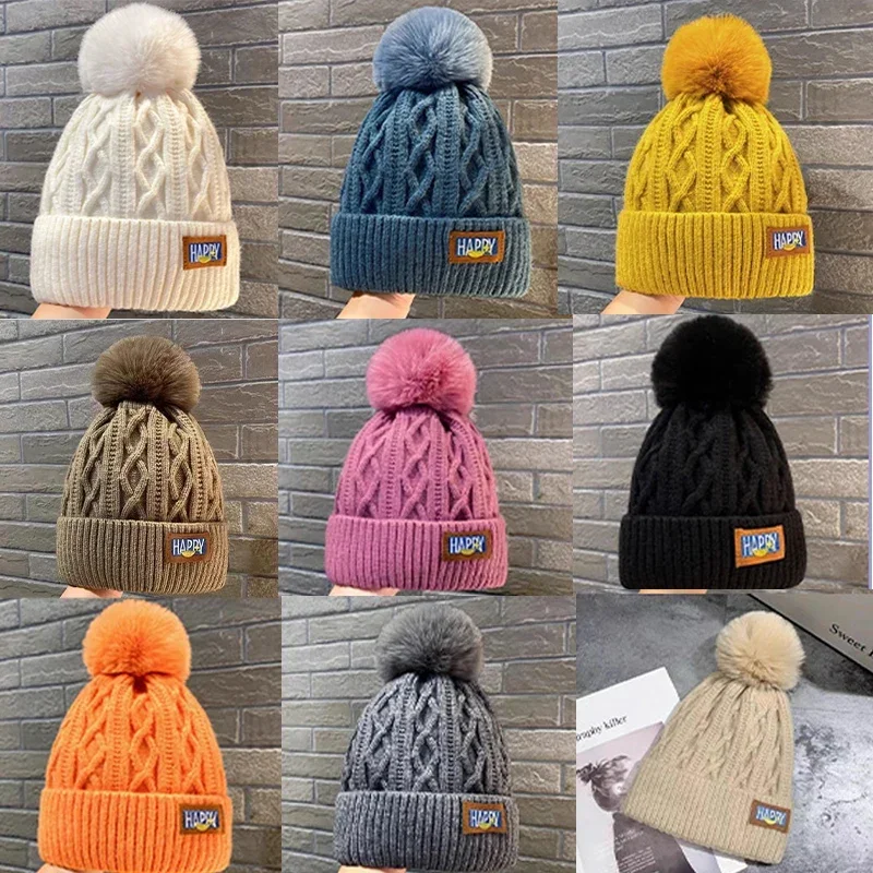 Winter Warm Female Fur Pom Poms Hat Winter Hat for Women Girl \'s Cap Knitted Classic Beanies Cap Hats Thick Women Skullies