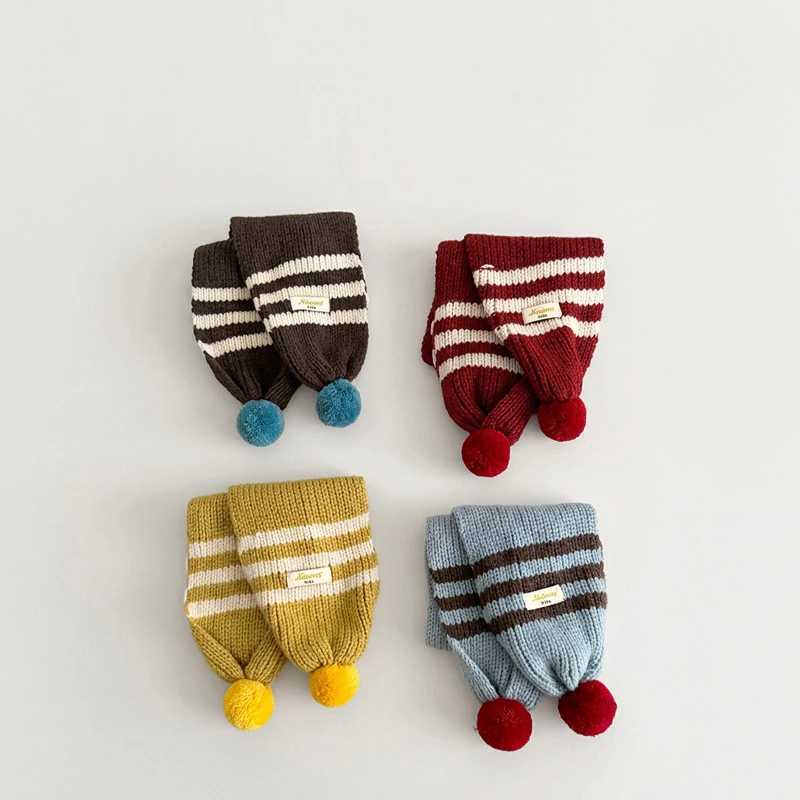 Autumn Winter Baby Boys Girls Stripe Knitted Scarf Soft Windproof Warm Neck Warmer with Pom Pom for Kids