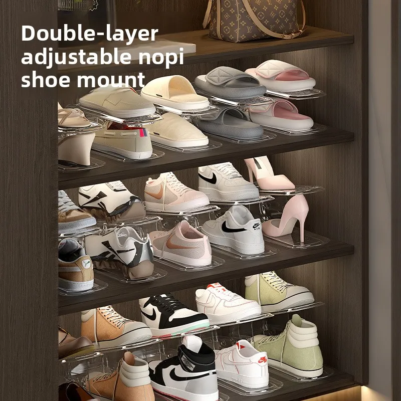 Adjustable Double Layer Shoe Organizer Space Saving Plastic Shoe Rack Holder for Home Cabinet Closet Footwear Storage