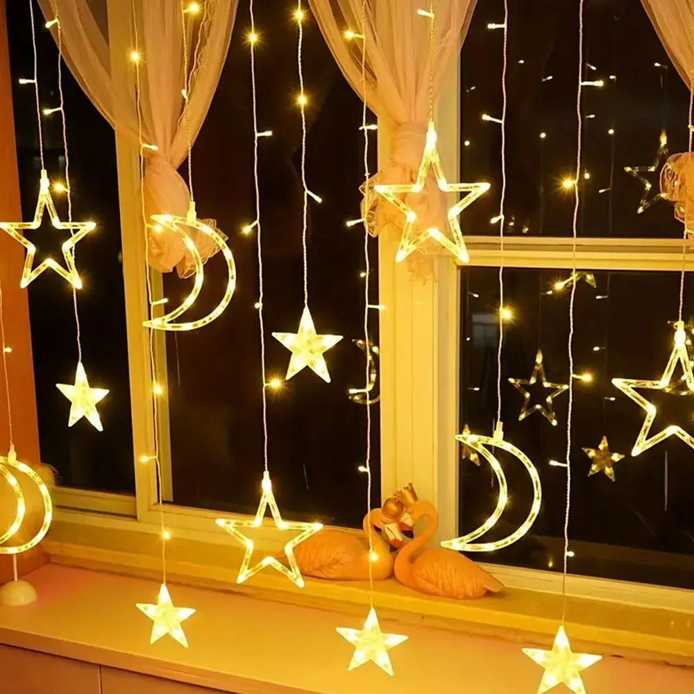 3.5m Star Moon LED Curtain String Light Battery Power Christmas Garland Fairy Lamp for Outdoor Garden Wedding Xmas New Year Decor