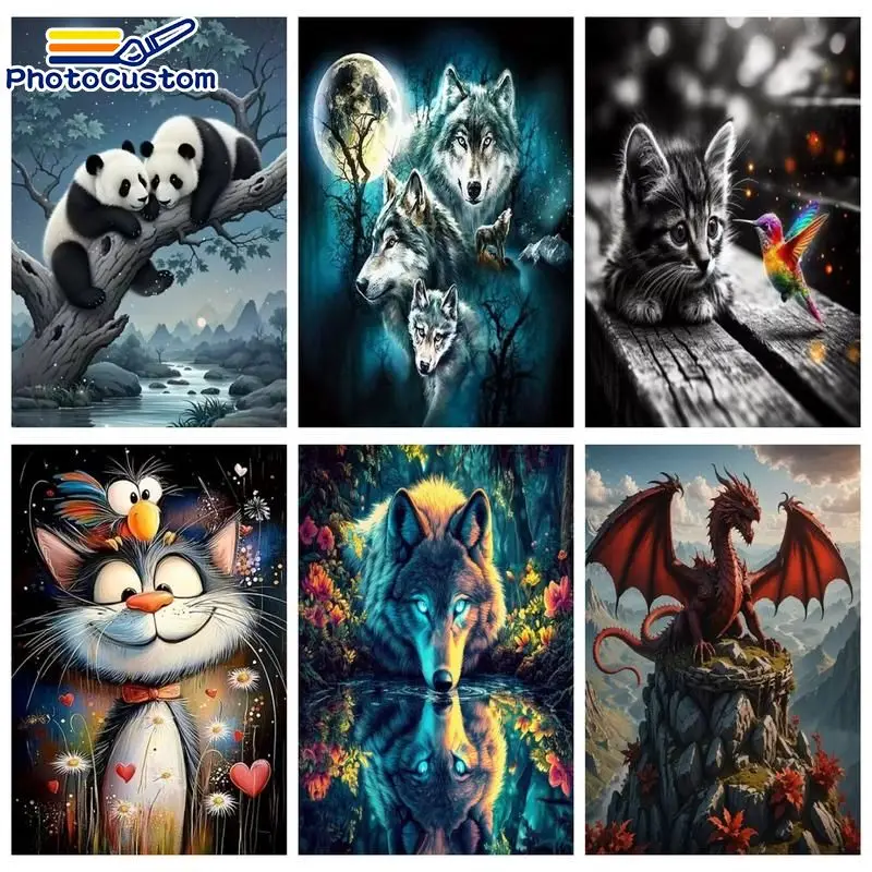 

PhotoCustom Gray Cat Painting By Numbers Wall Decor Picture Paint Animal Canvas for Painting Kits For Adults Drawing By Numbers