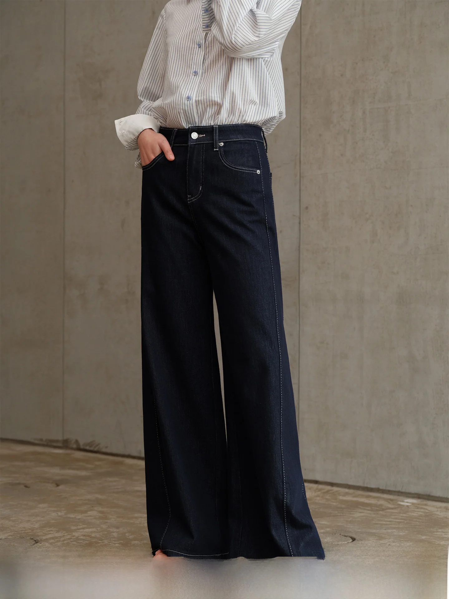 

Chic Straight Leg Denim Jeans White Sined Wide Leg Blue Denim Slimming Effect Spring Ladies Cotton Stretch Denim Pants