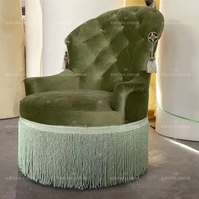 FQ Retro Nostalgic Green Single Sofa French Tassel Velvet Hair Chair