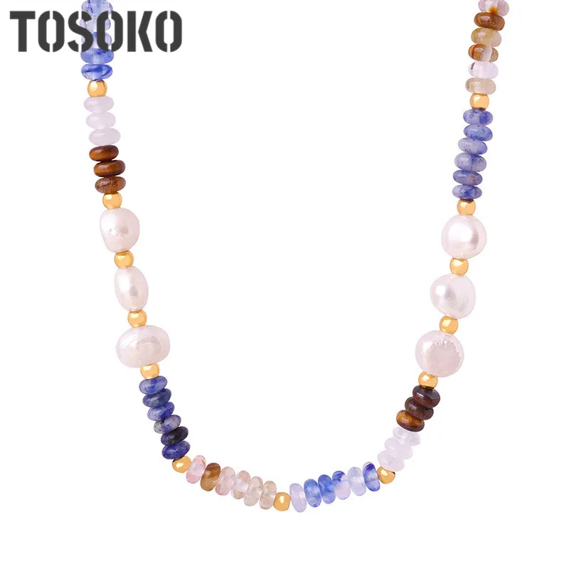 TOSOKO Stainless Steel Jewelry Freshwater Pearl Abacus Beads Handmade Beaded Titanium Steel Necklace BSP1747