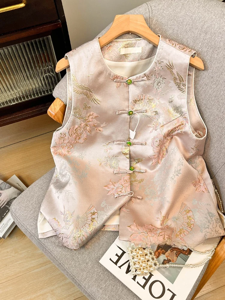 

New Chinese Sle Embroidered Pink Vest Women's Summer High End National Sle Button up Outerwear Embroidered oulder Pad Top
