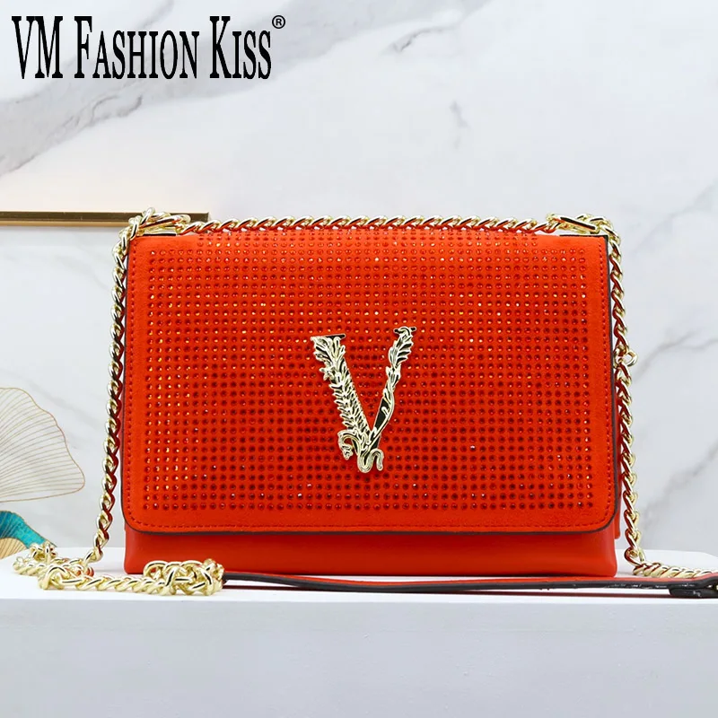 

VM FASHION KISS Diamonds Flap Chain Crossbody Bags For Women Luxury Women's Bag Letter Decorate Superfine Fiber Cute Handbag