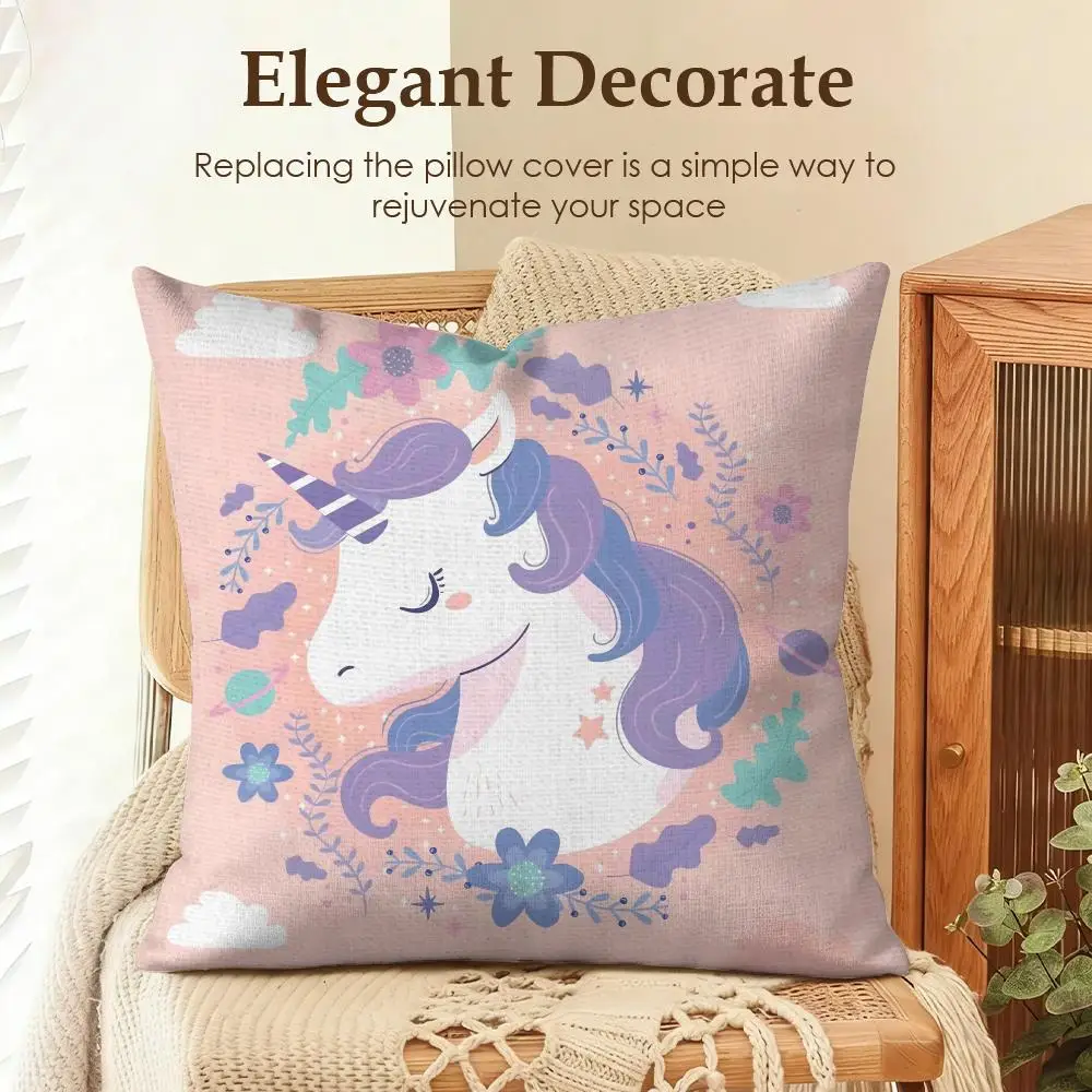 Cute pink unicorn throw pillow cover made of natural linen fabric on a wooden bench.