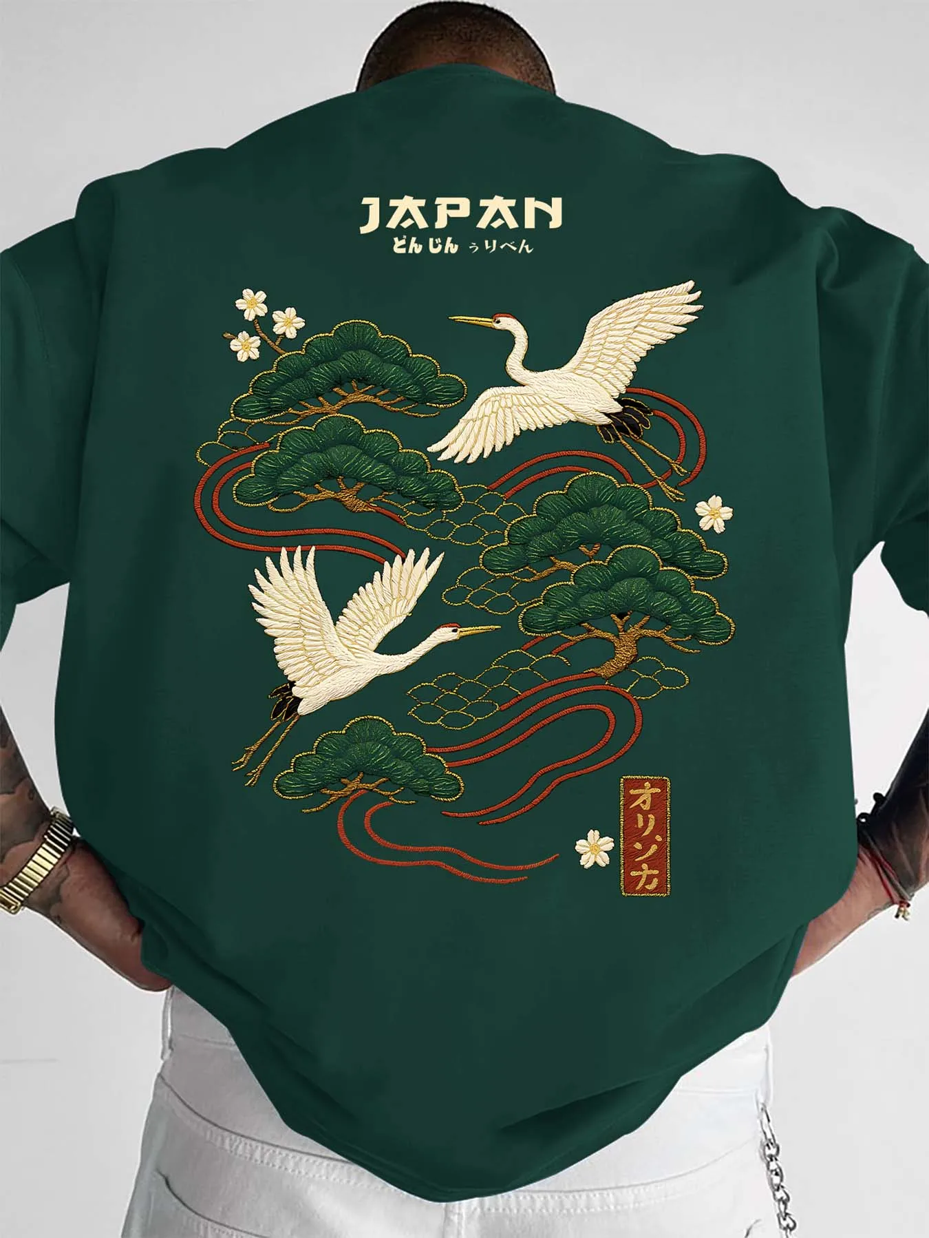 Men's American Retro Japan Crane & Pine Printed T-Shirt, Loose Crew Neck Street Style Casual Top