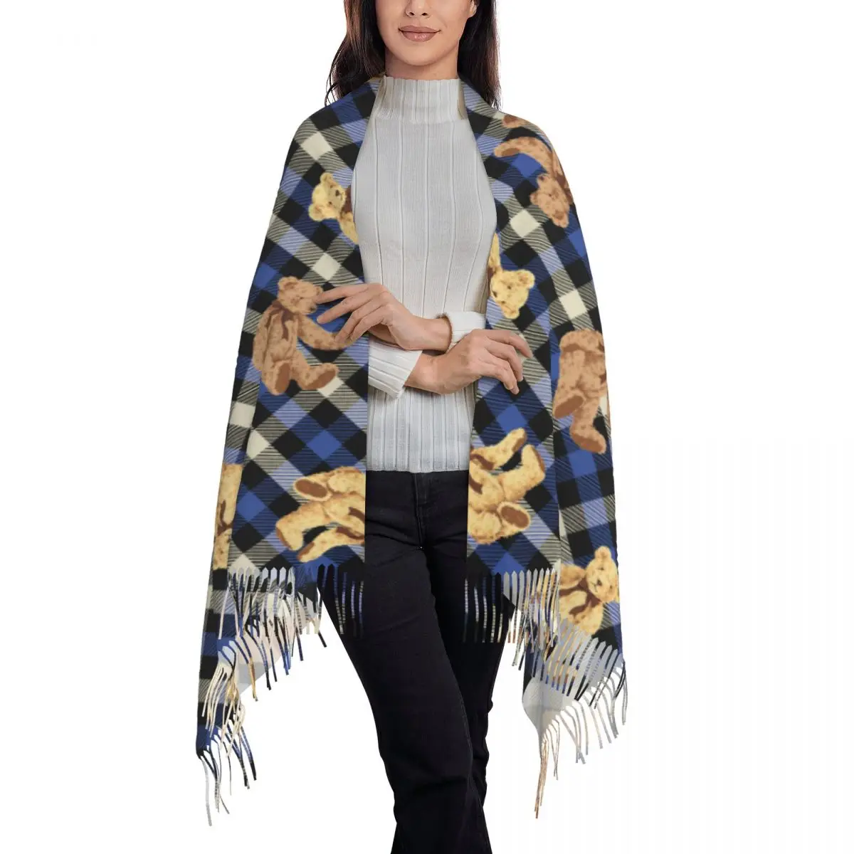 곰 스카프 레이디 격자 무늬 만화 다크 브라운 곰 스카프, 태슬 랩, 럭셔리 2024 숄 및 랩, 따뜻하고 부드러운 부판다 무제, 가을